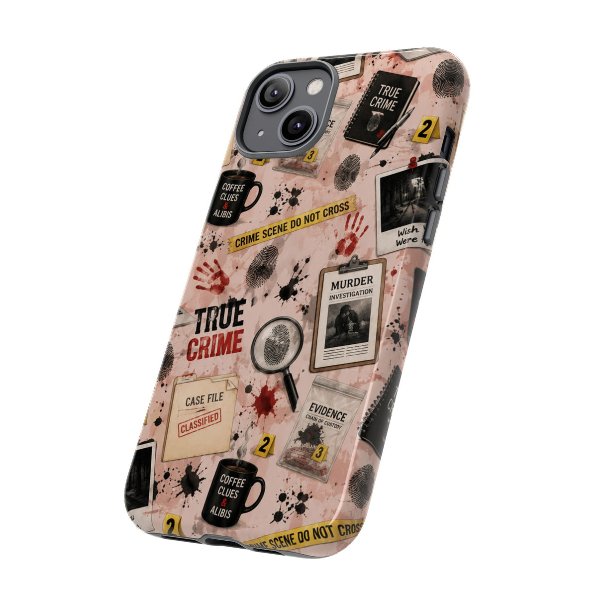 True Crime Pattern Phone Case – Detective Evidence, Crime Scene Tape & 'True Crime' Design