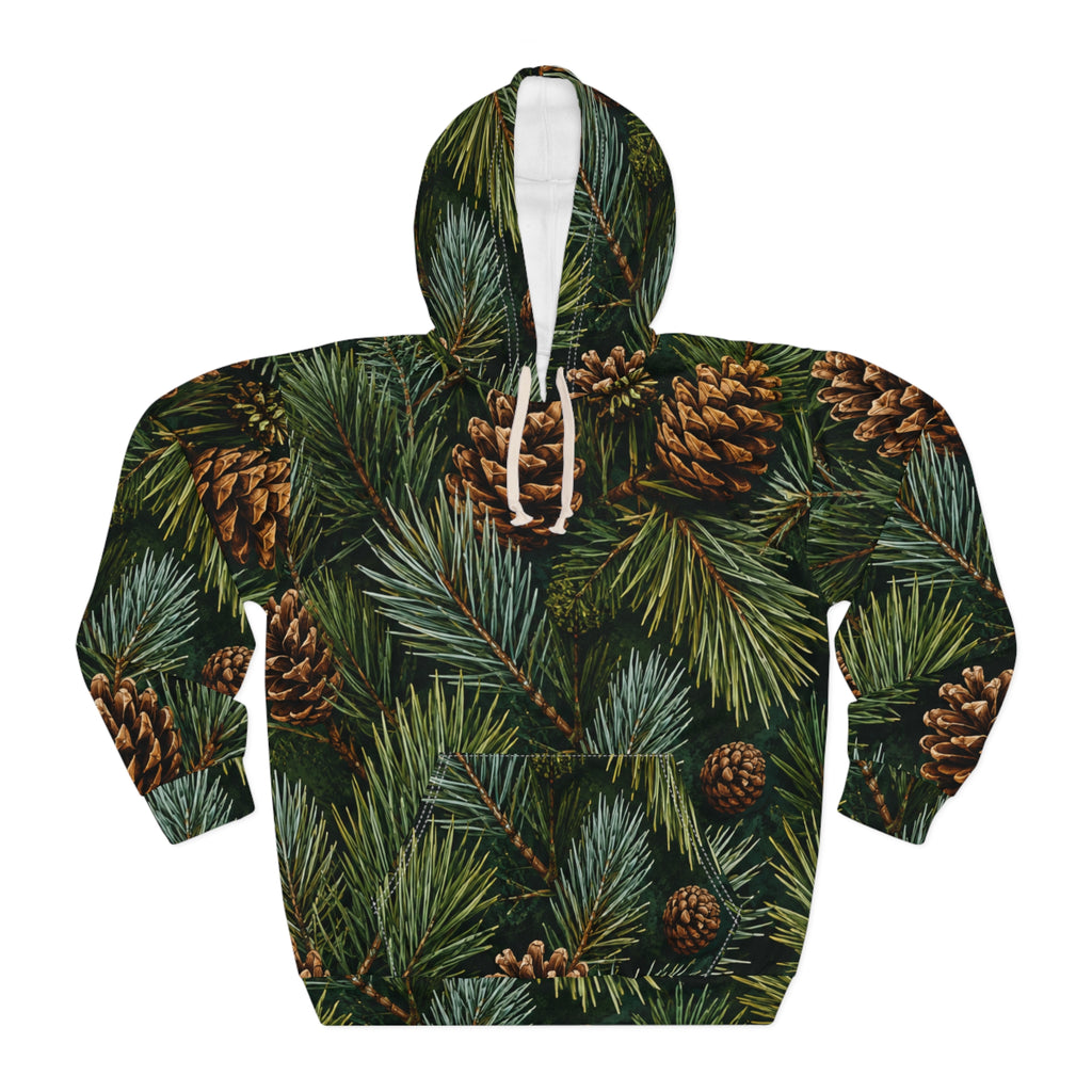 Pinecone Evergreen Pattern Hoodie | Pine Needles Holiday Sweatshirt