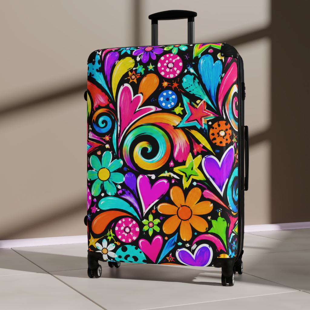 Colorful Retro Floral Suitcase — Bright Hippie Heart & Star Luggage Cover