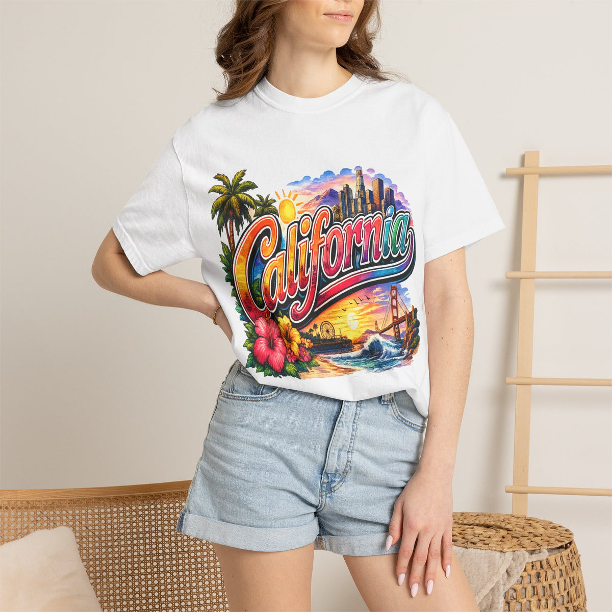 California Sunset Scenic T-shirt | Golden Gate Palm Beach Hibiscus