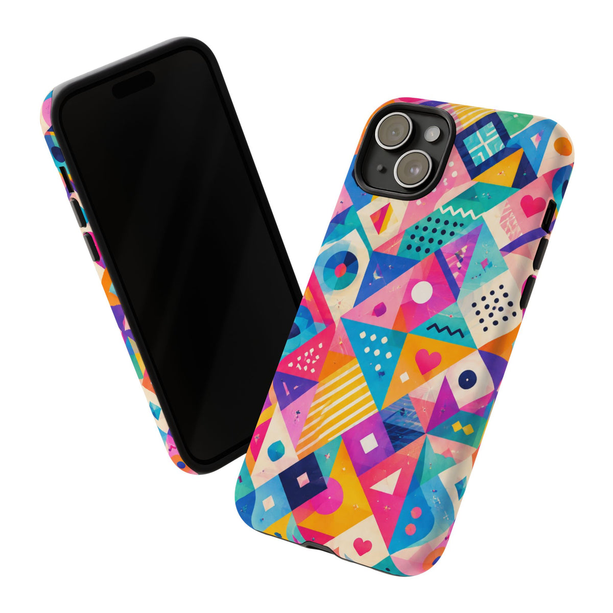 Colorful Geometric Tough Phone Case — Bright Abstract Heart & Triangle Pattern
