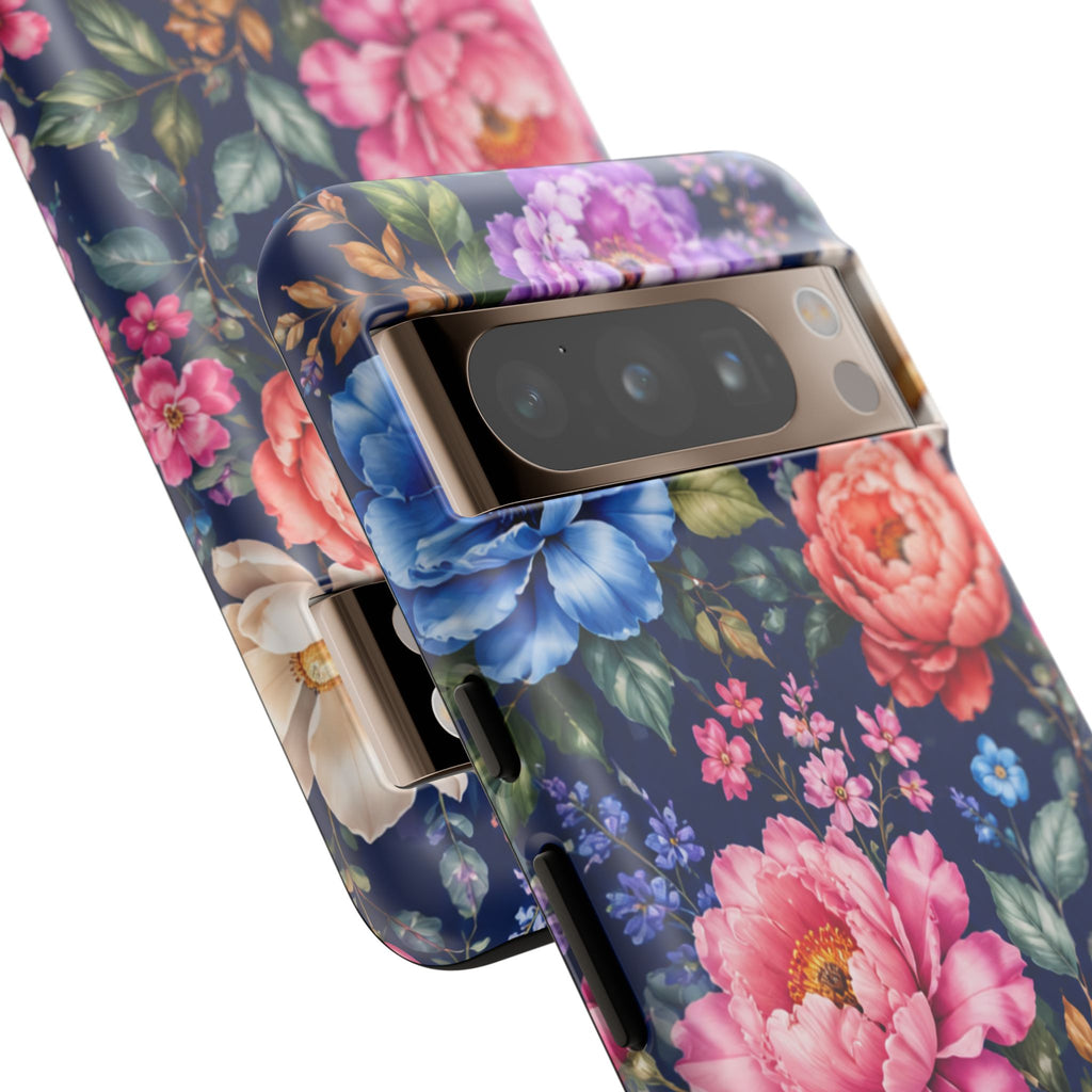 Floral Tough Phone Case – Vibrant Garden Flowers on Navy