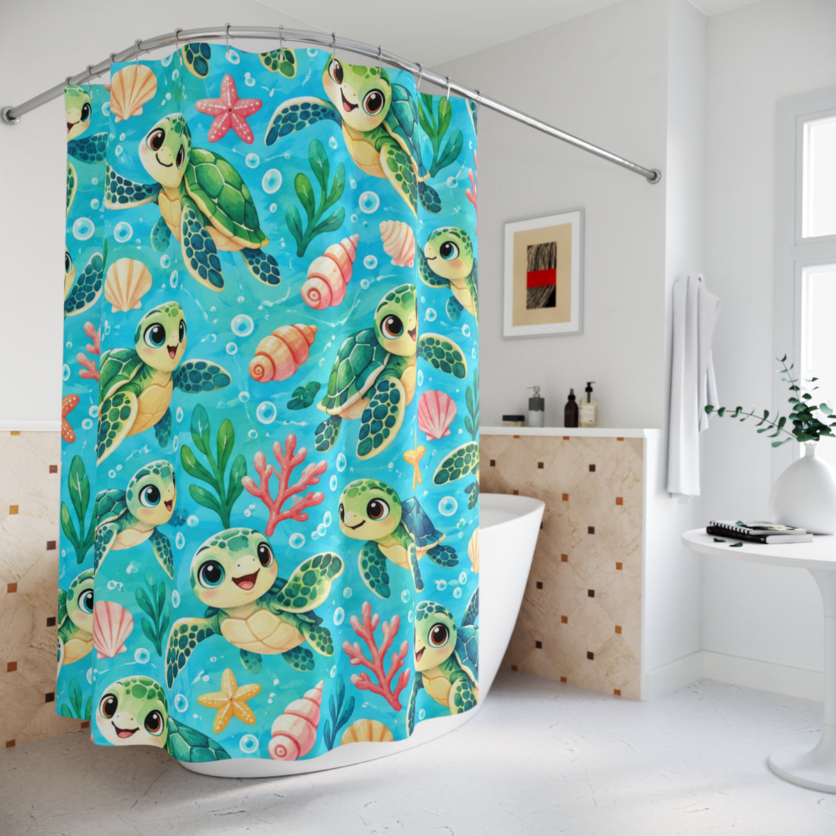 Cute Sea Turtle Pattern Shower Curtain | Ocean Turtle Seashells Beachy Bath