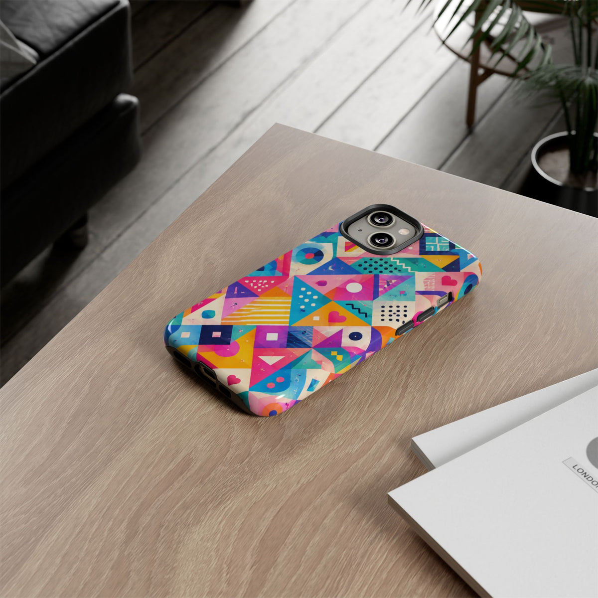 Colorful Geometric Tough Phone Case — Bright Abstract Heart & Triangle Pattern