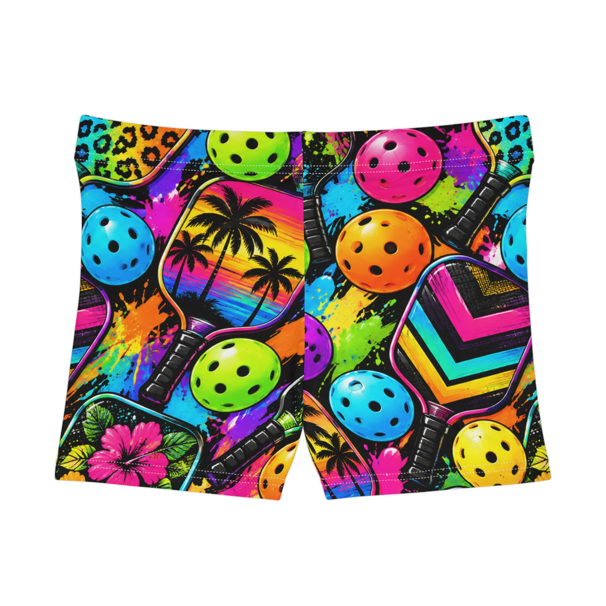 Neon Pickleball Print Women's Shorts — Tropical Palm & Paddle All-Over Print