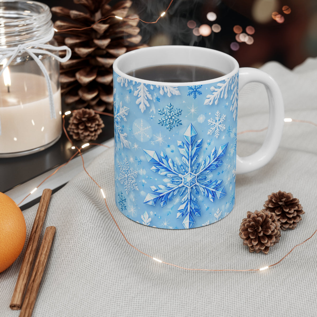 Snowflake Pattern 11oz Ceramic Mug — Winter Blue Holiday Coffee Cup