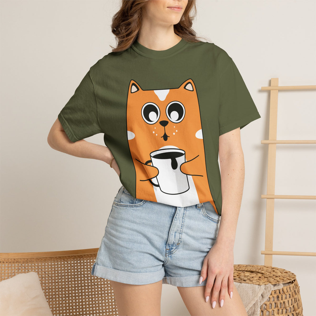 Coffee Cat T-Shirt — Cute Cat Holding Coffee Mug, “My morning doesn’t start until the coffee clocks in” Tee