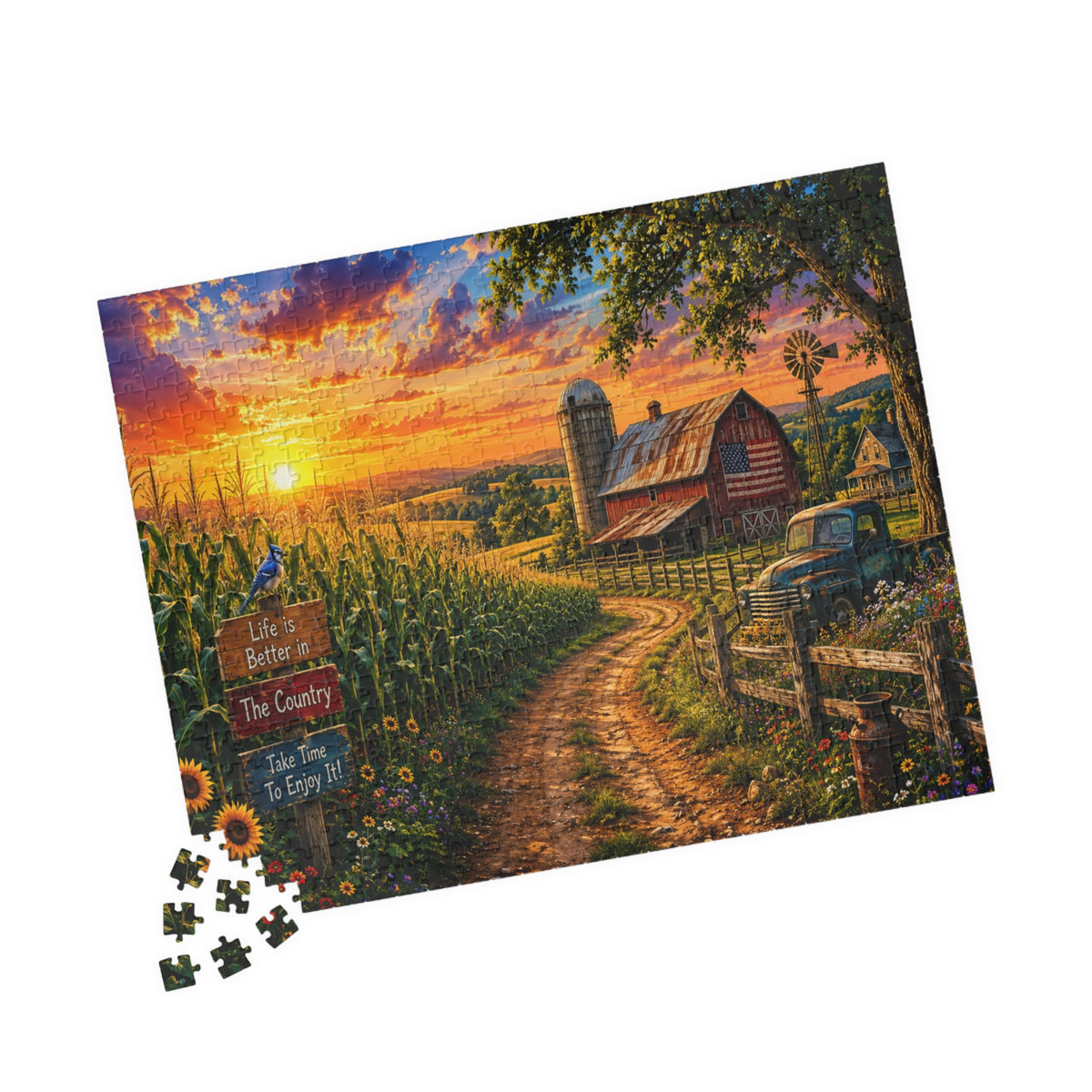 Country Sunrise Farm Puzzle — Scenic Barn Landscape Jigsaw (110–1014 pcs)