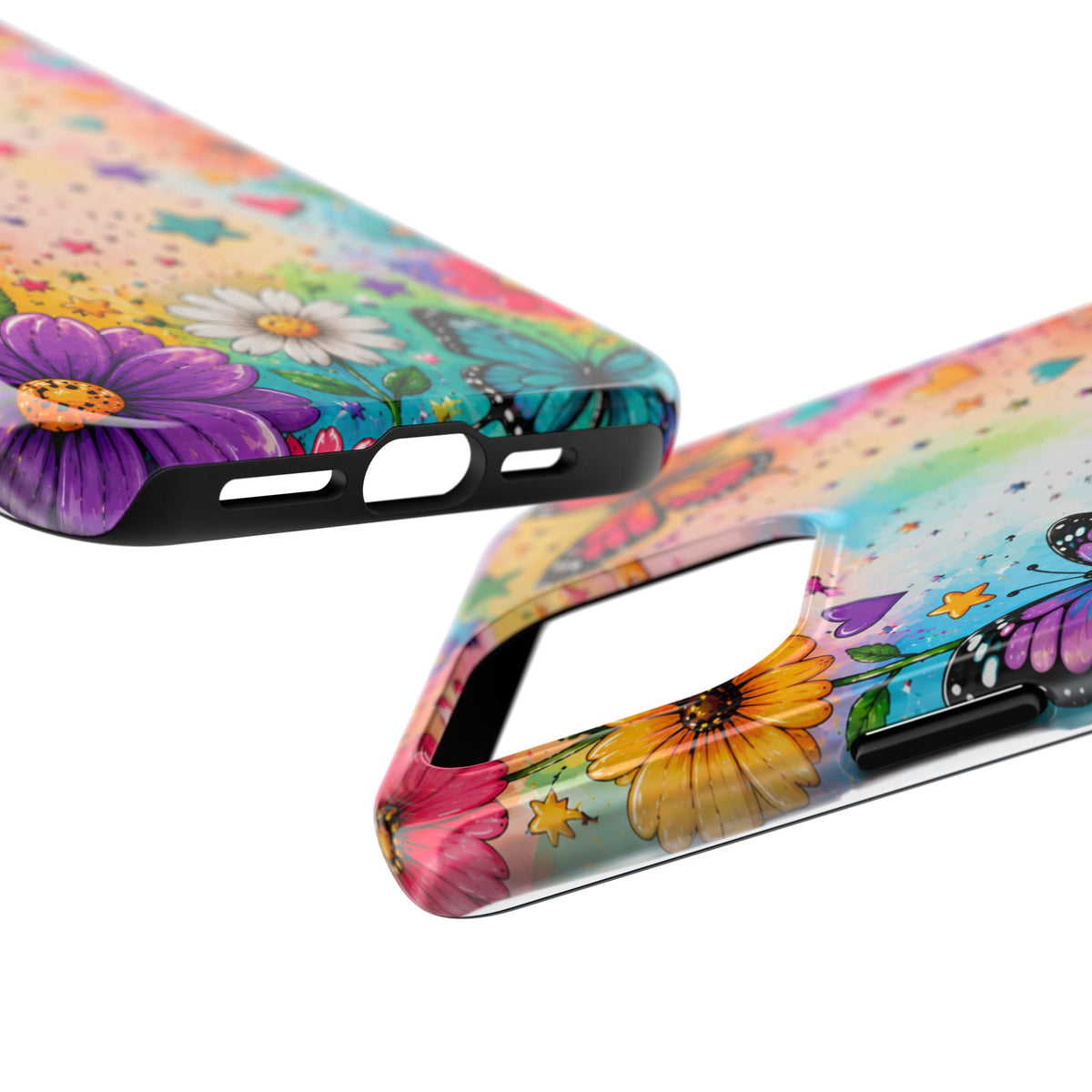 Colorful Butterflies and Flowers Tough Phone Case | Rainbow Hearts Stars