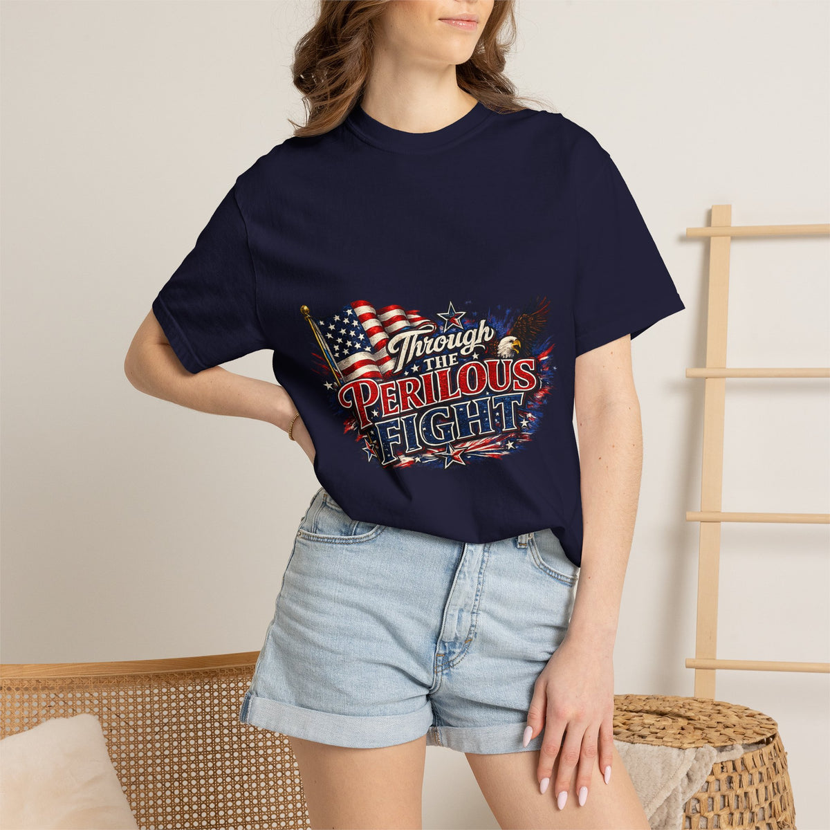 Through the Perilous Fight American Flag Eagle T-shirt | Patriotic Tee