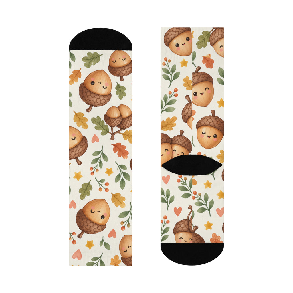 Cute Acorn Faces Cushioned Crew Socks | Autumn Leaves Pattern