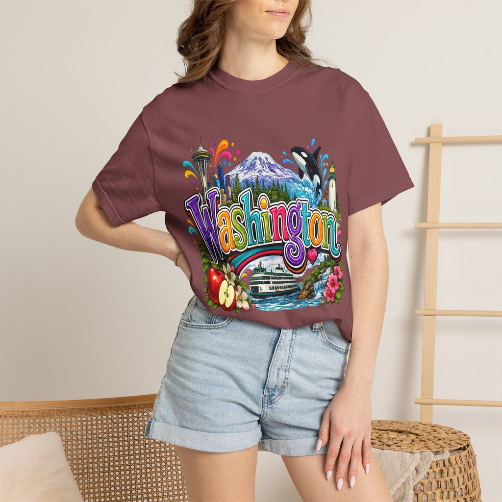Washington State Scene T-shirt | Seattle Skyline, Orca, Apples