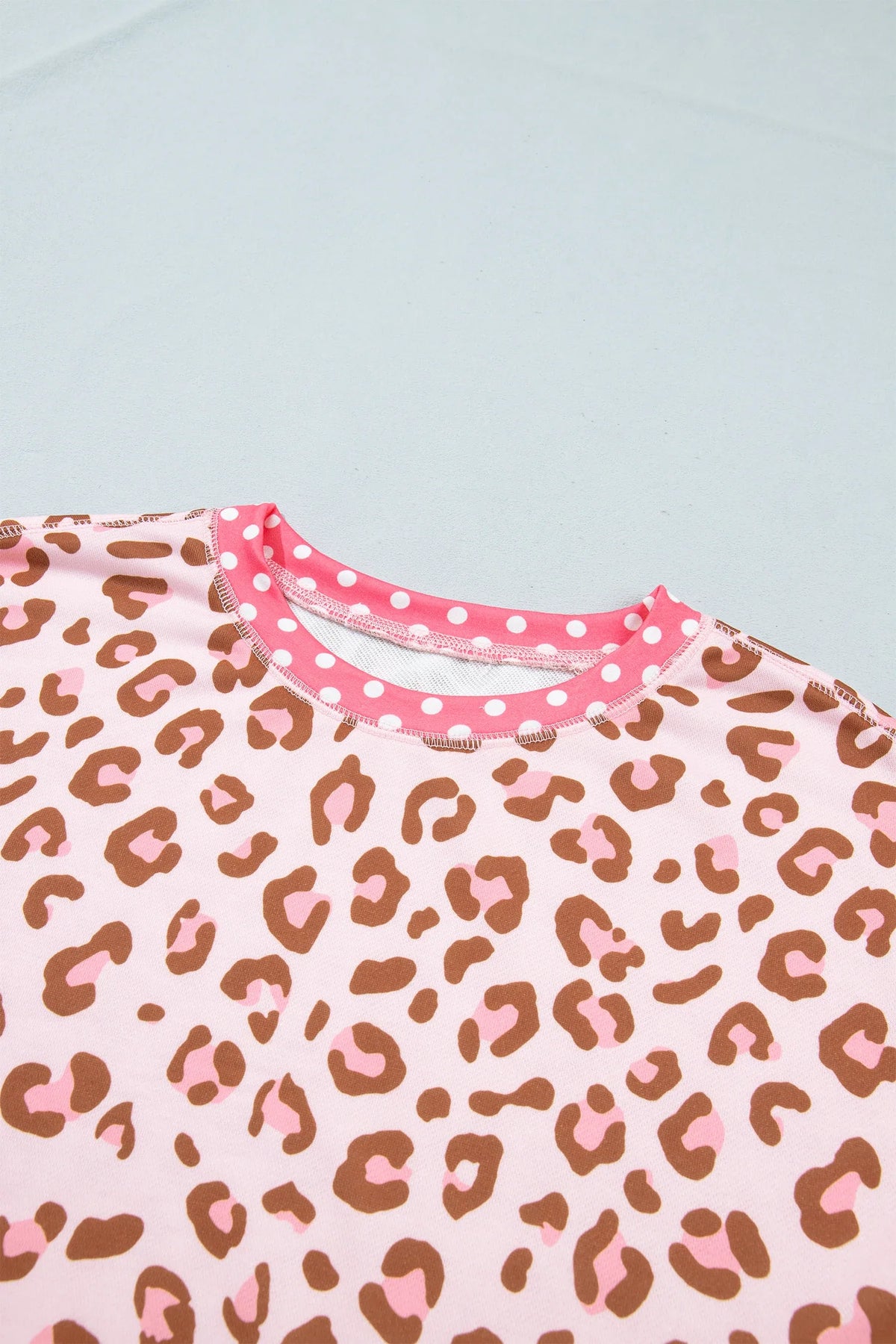 Leopard Polka Dot Colorblock Trim Long Sleeve Top