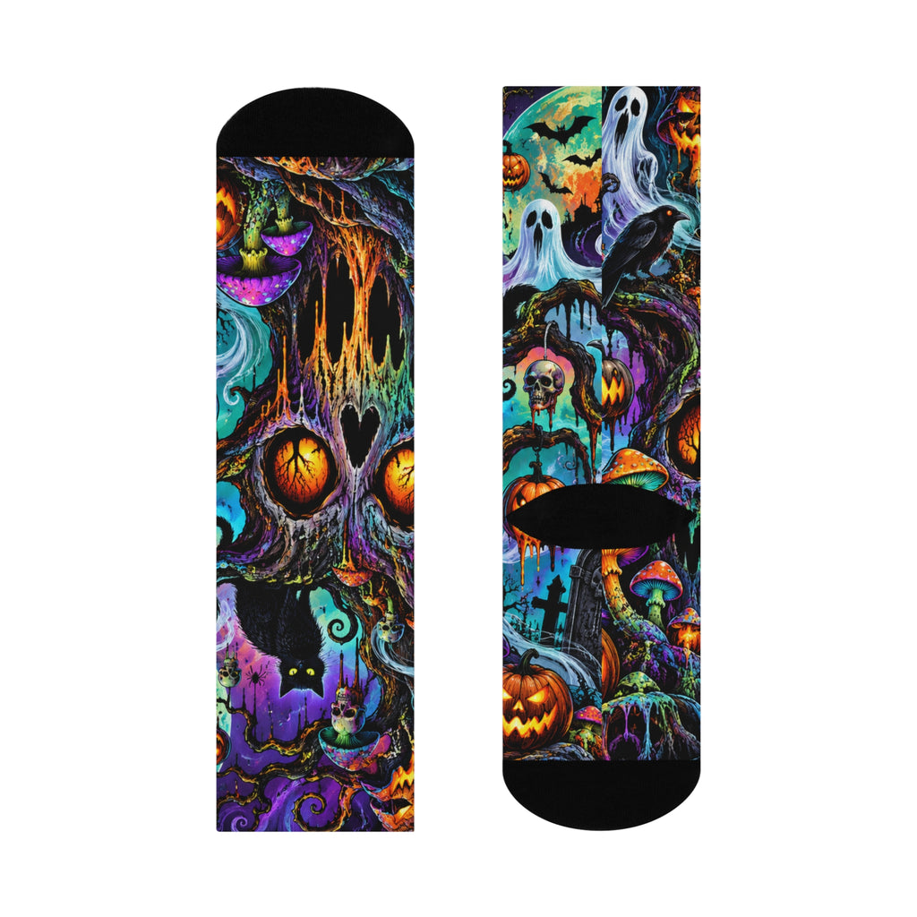 Halloween Night Cushioned Crew Socks — Spooky Pumpkins, Ghosts & Black Cat