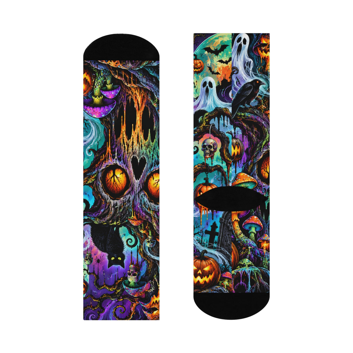 Halloween Night Cushioned Crew Socks — Spooky Pumpkins, Ghosts & Black Cat
