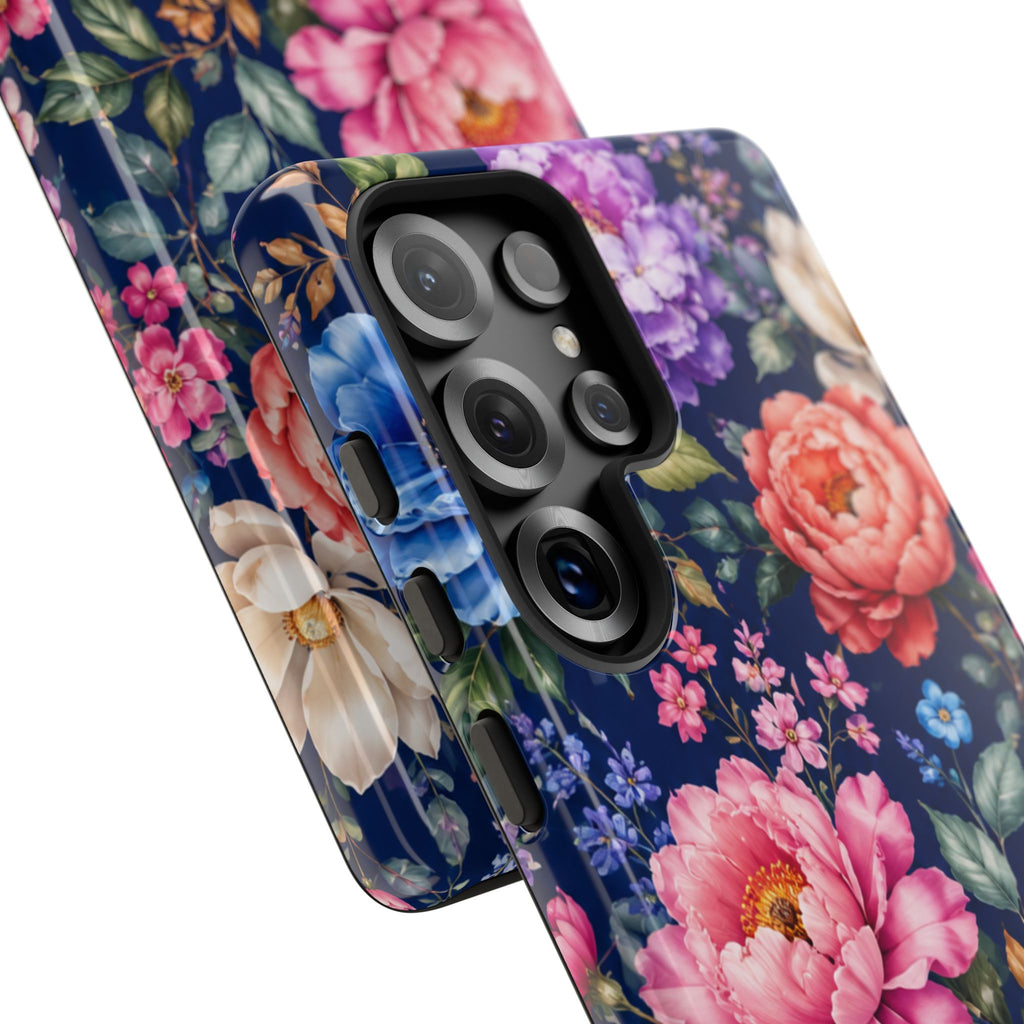 Floral Tough Phone Case – Vibrant Garden Flowers on Navy