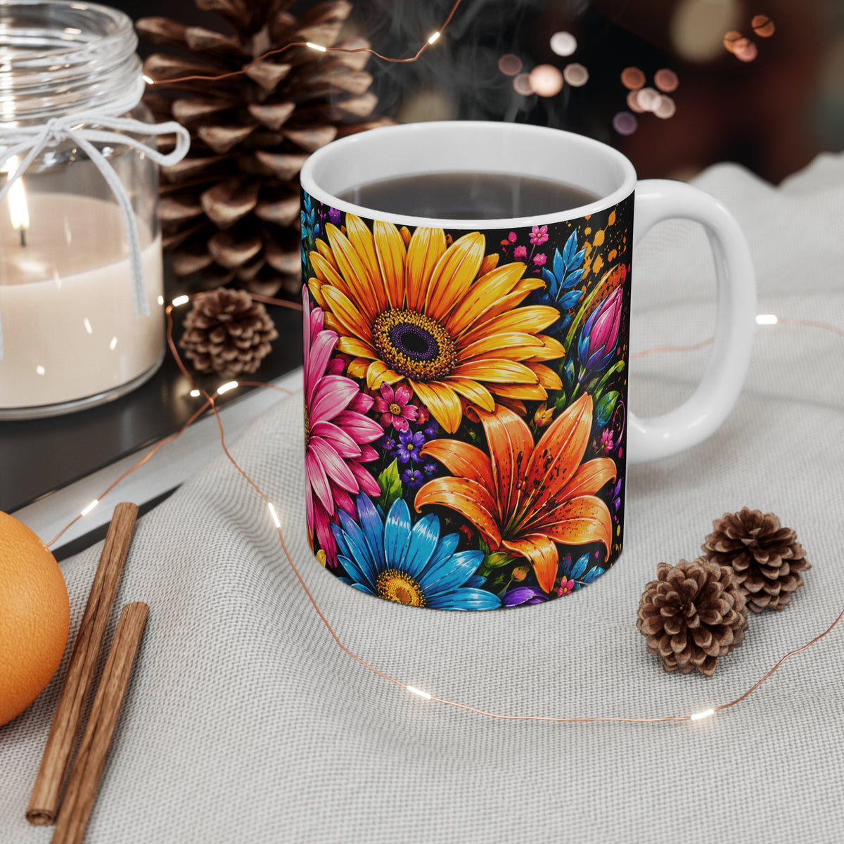 11oz Floral Coffee Mug — Bright Colorful Daisy & Lily Wrap
