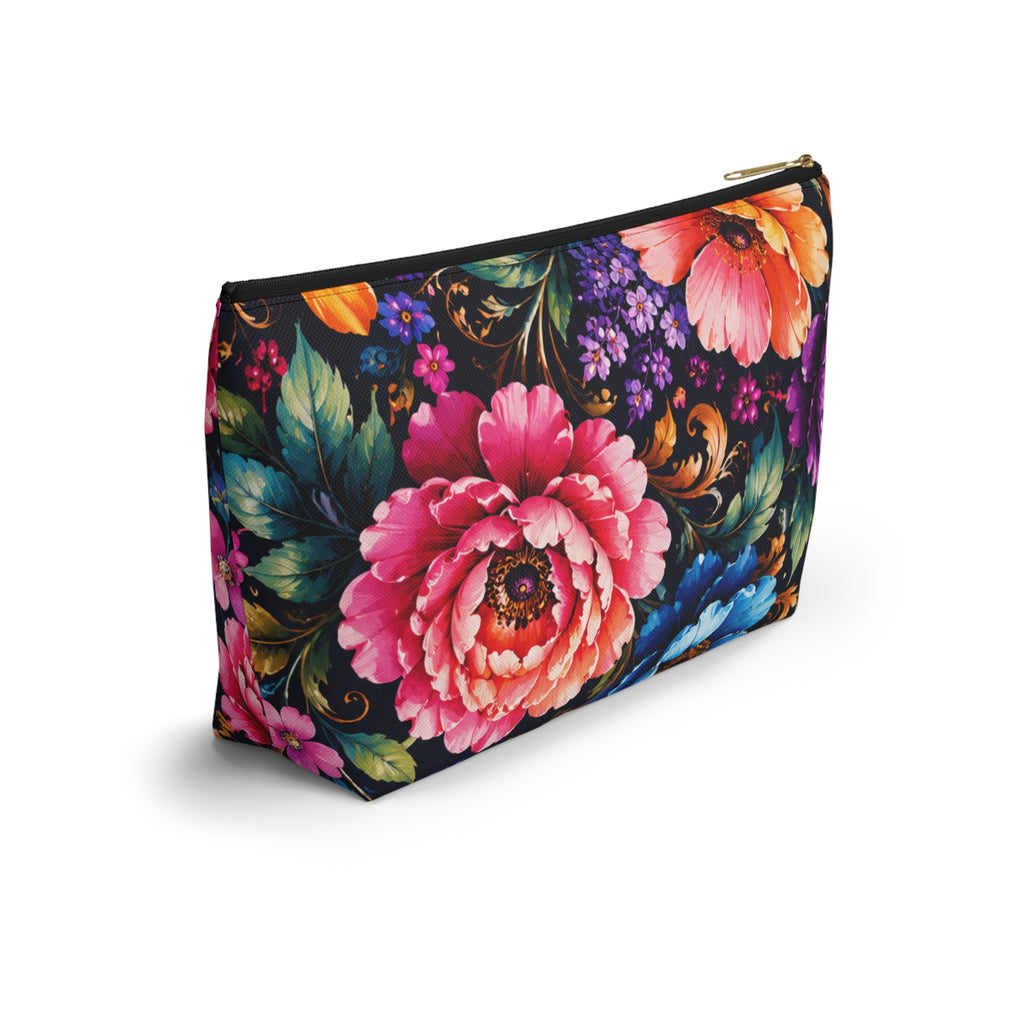 Floral Accessory Pouch — Vibrant Garden Makeup Bag with T-Bottom