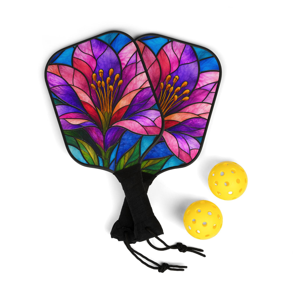 Pickleball Paddle Set — Stained Glass Floral Pickleball Kit (2 Paddles + Balls)