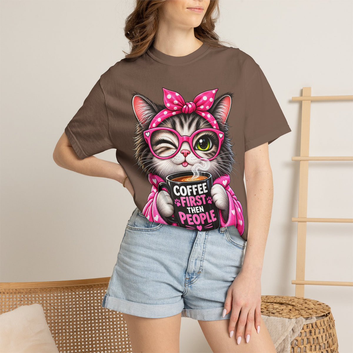 Cat Coffee Tee — "Coffee First Then People" Cute Cat Graphic T-Shirt