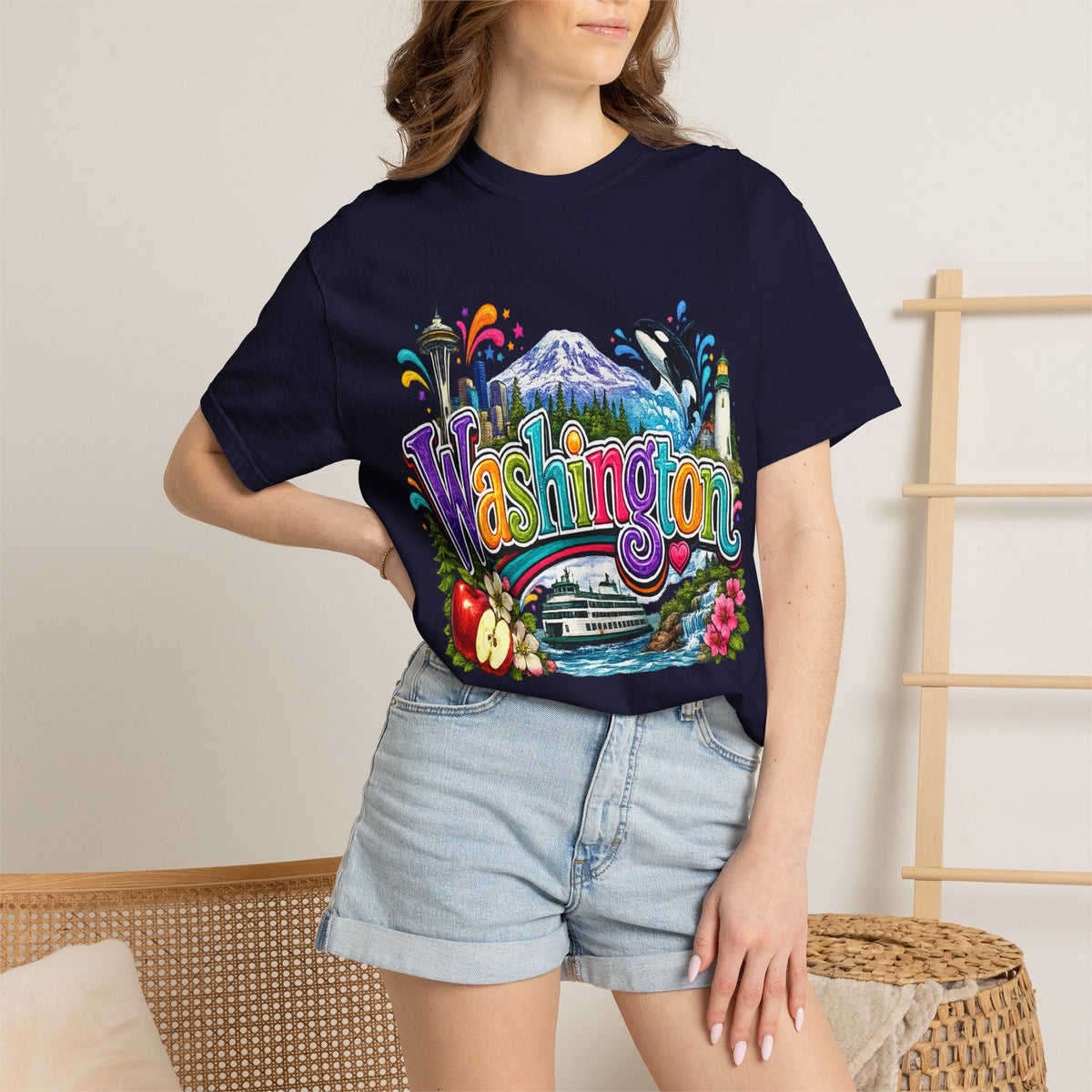 Washington State Scene T-shirt | Seattle Skyline, Orca, Apples