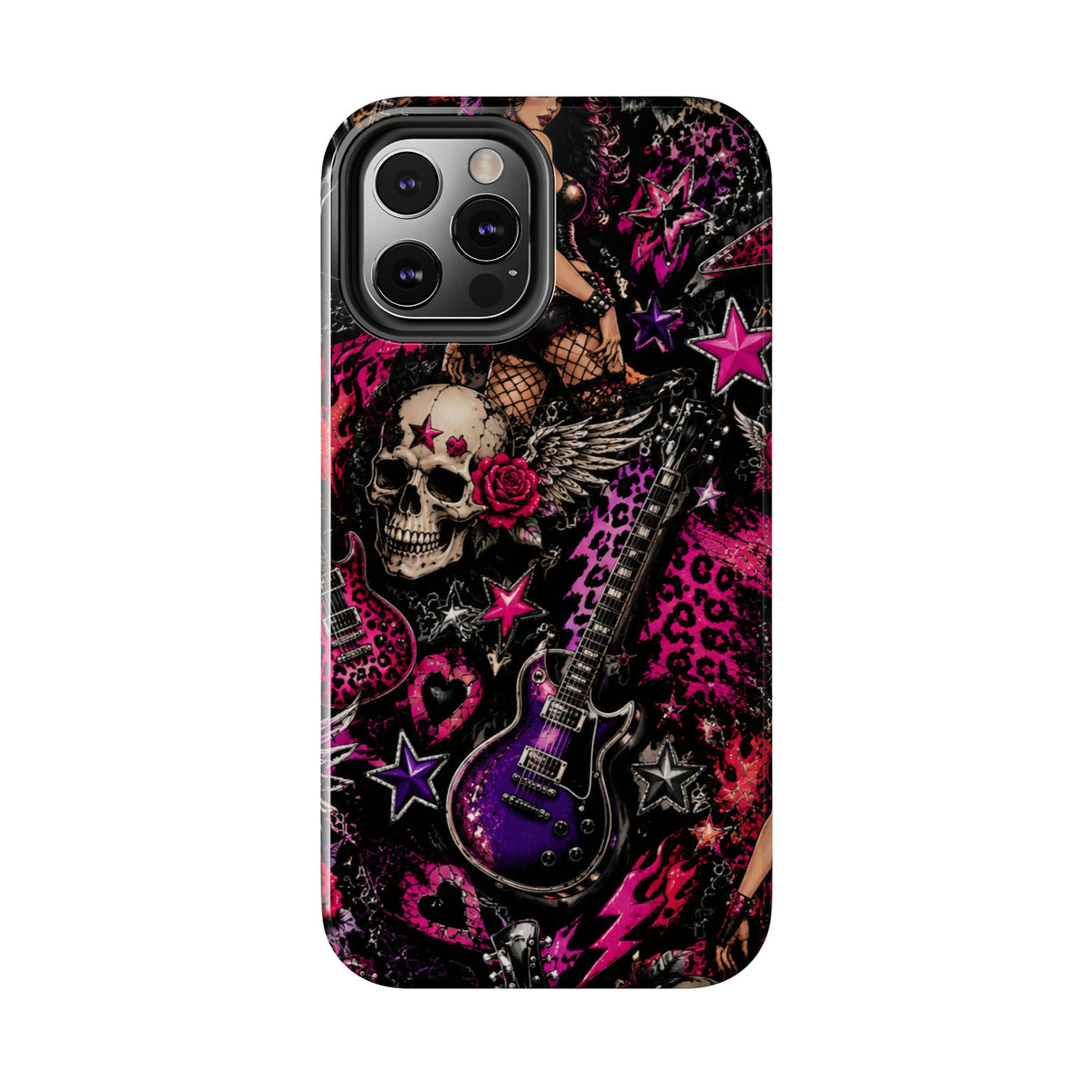 Rock Skull Guitar Phone Case — Edgy Pink Skull & Roses Tough Phone Case