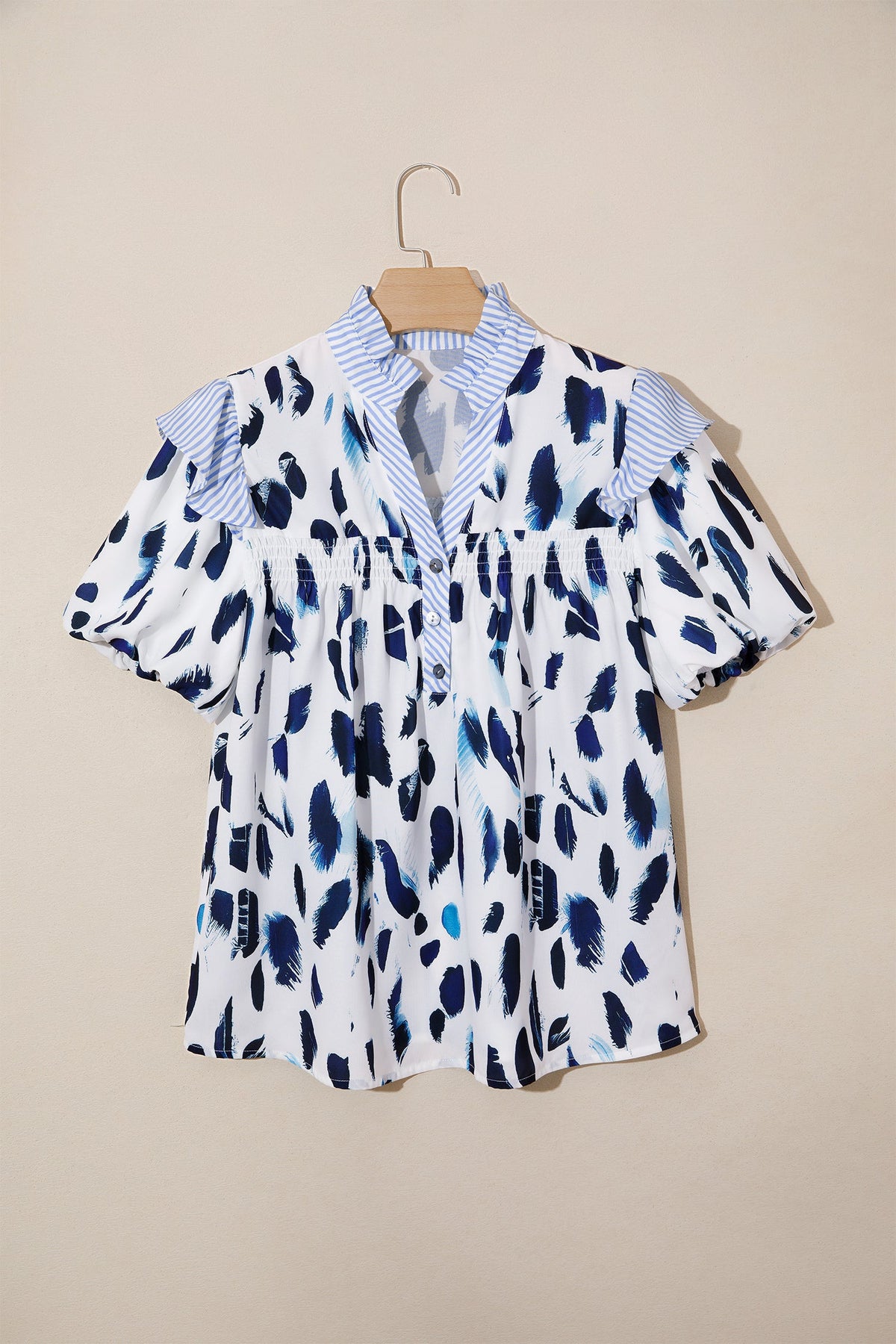 Abstract Leopard Stripe Ruffle Trim V-Neck Blouse