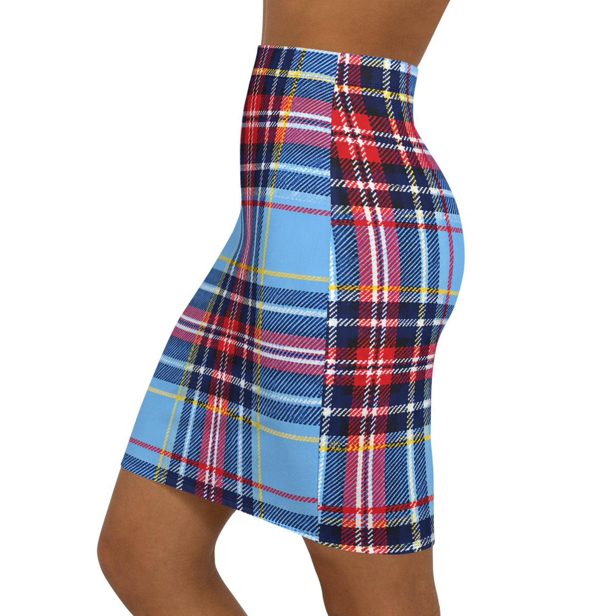 Blue Tartan Pencil Skirt — Plaid Mid-Rise Bodycon Skirt