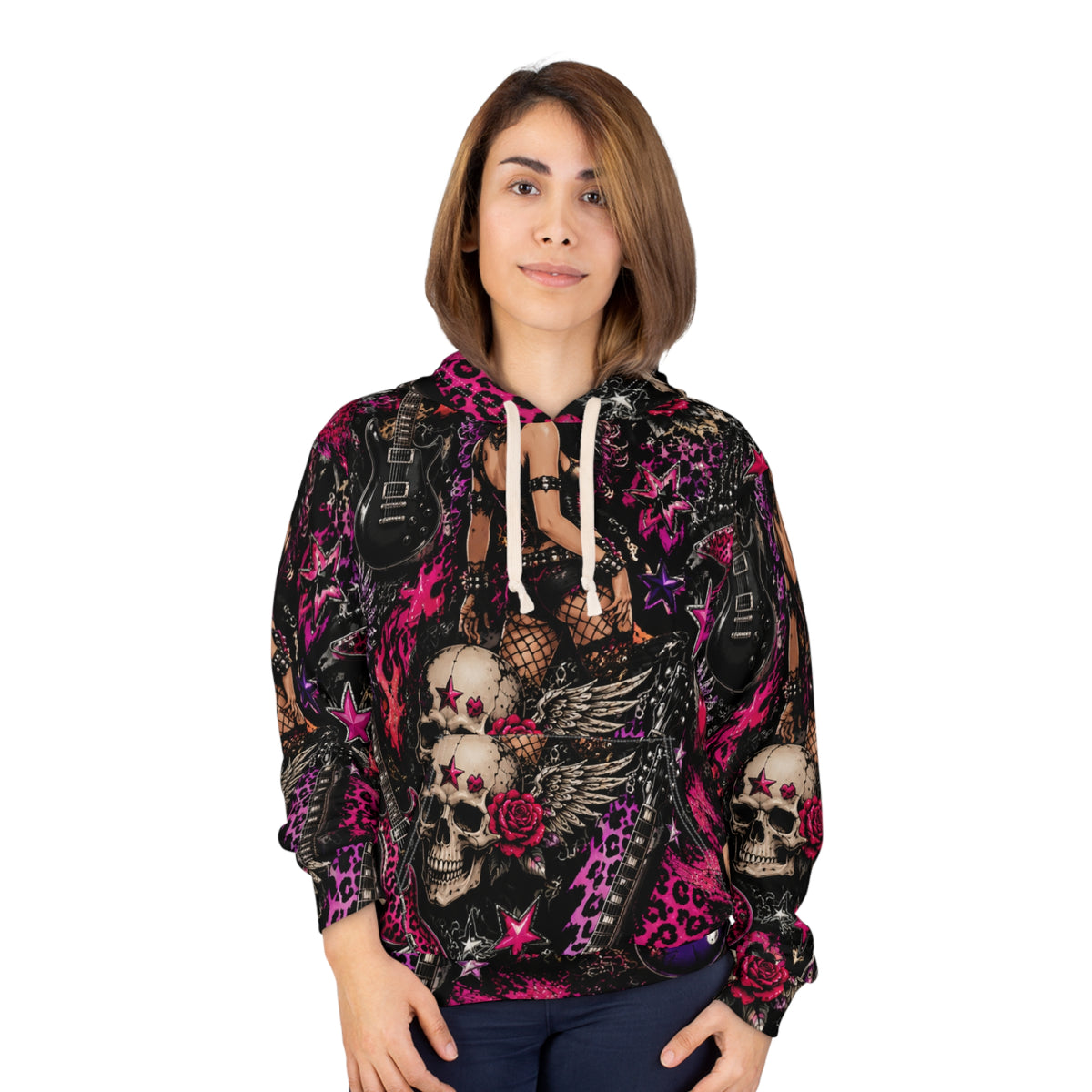 Rockabilly Skull & Rose Hoodie — All-Over Print Punk Pullover