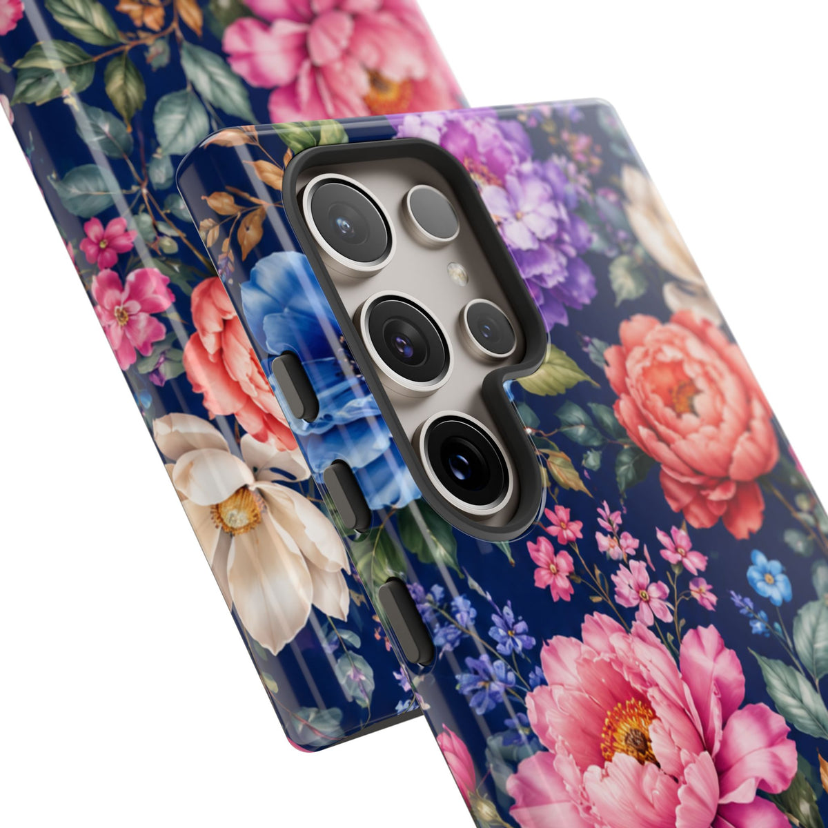 Floral Tough Phone Case – Vibrant Garden Flowers on Navy
