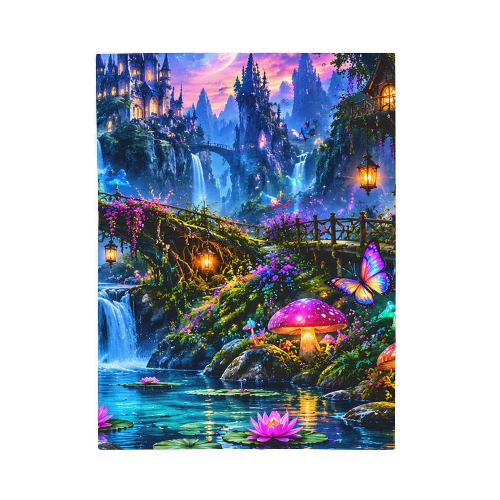 Fantasy Velveteen Plush Blanket — Enchanted Waterfall & Castle Scene