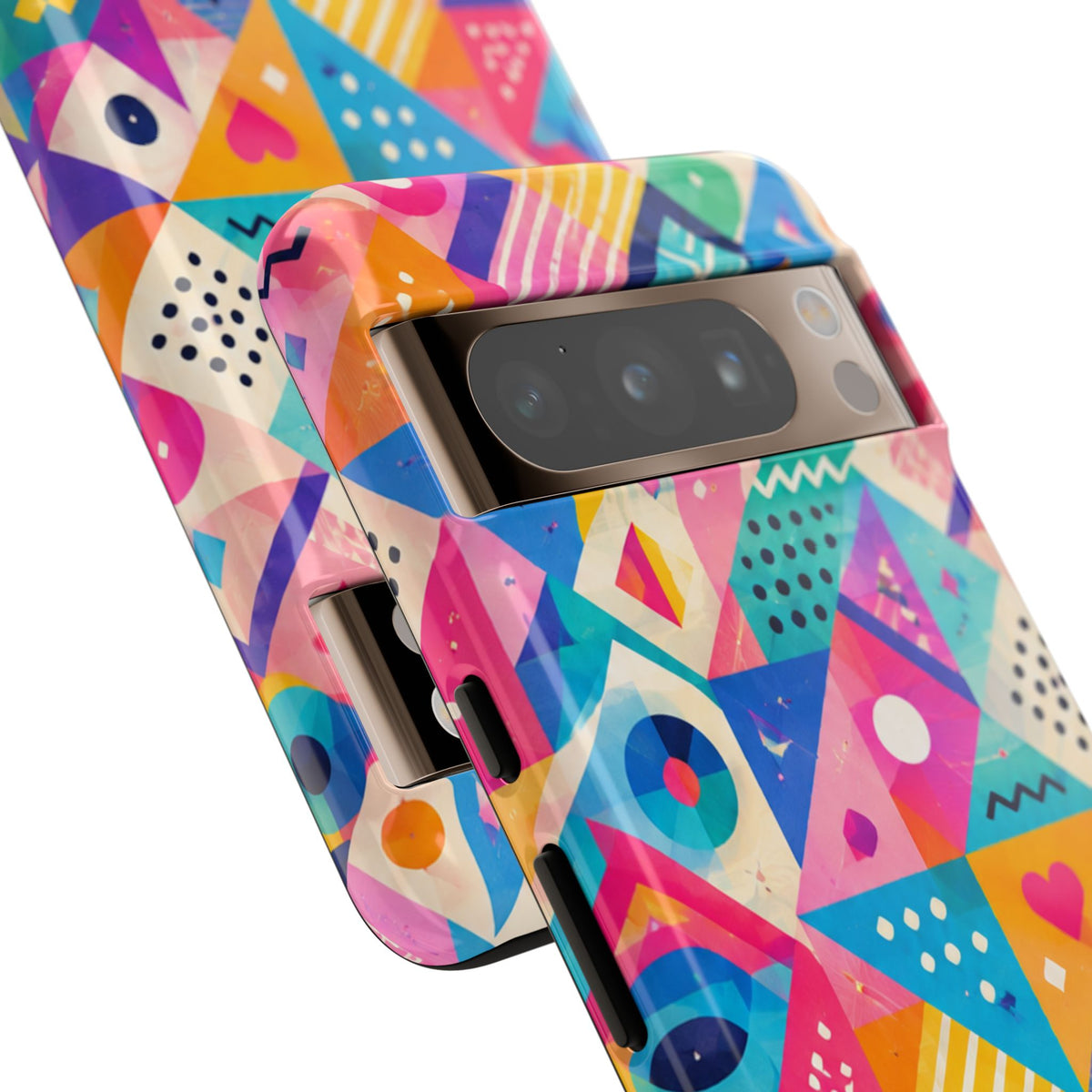 Colorful Geometric Tough Phone Case — Bright Abstract Heart & Triangle Pattern