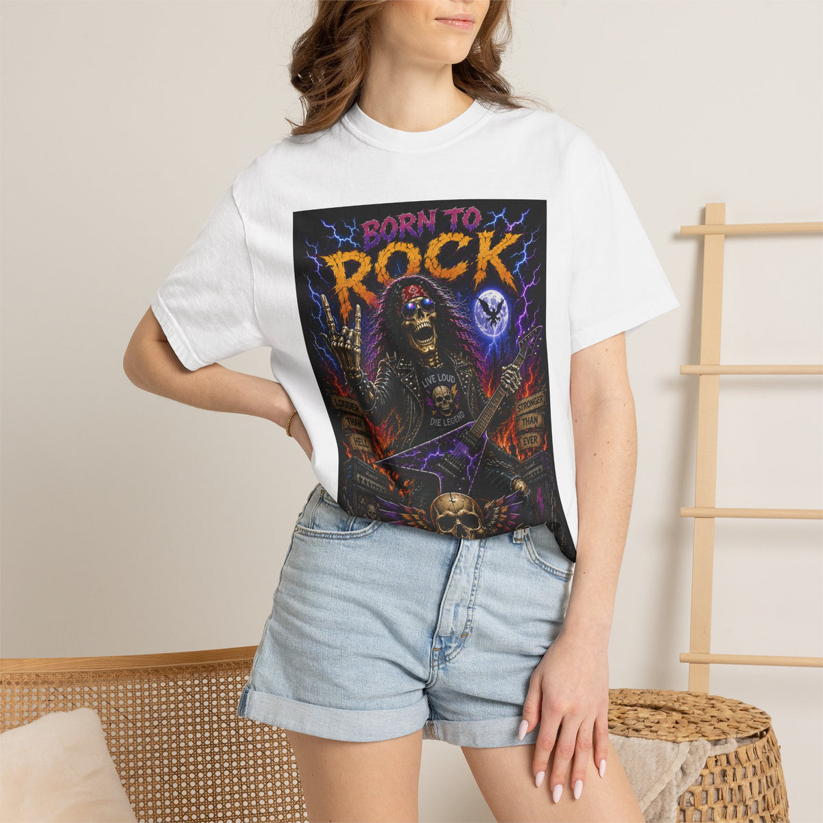 Born to Rock skeleton guitarist T-Shirt | Metal music tee