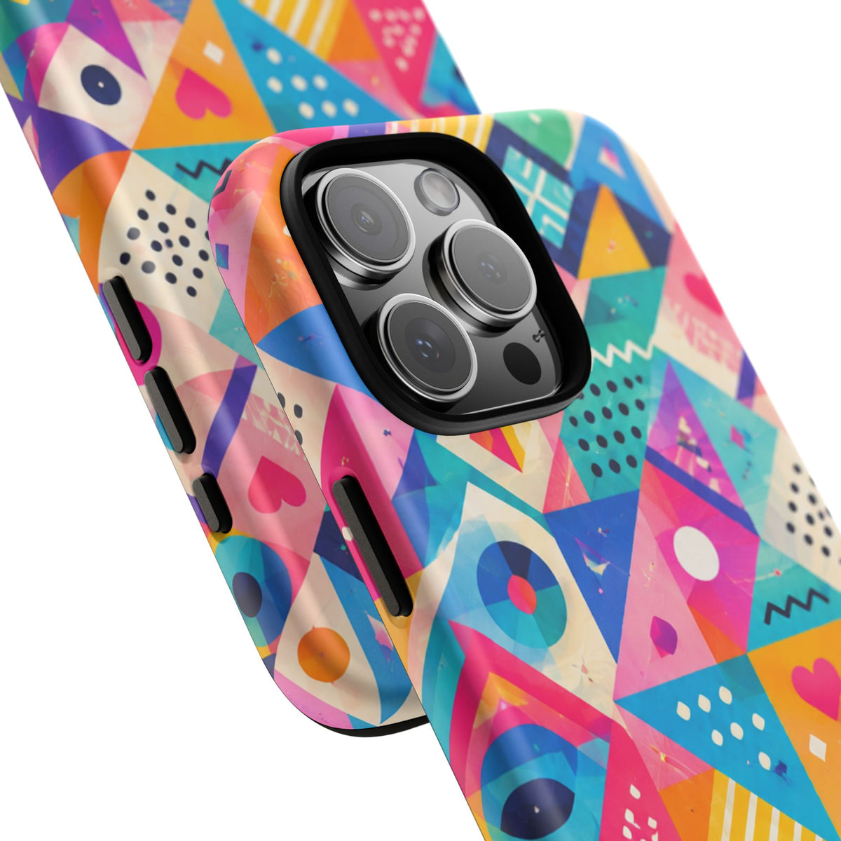 Colorful Geometric Tough Phone Case — Bright Abstract Heart & Triangle Pattern