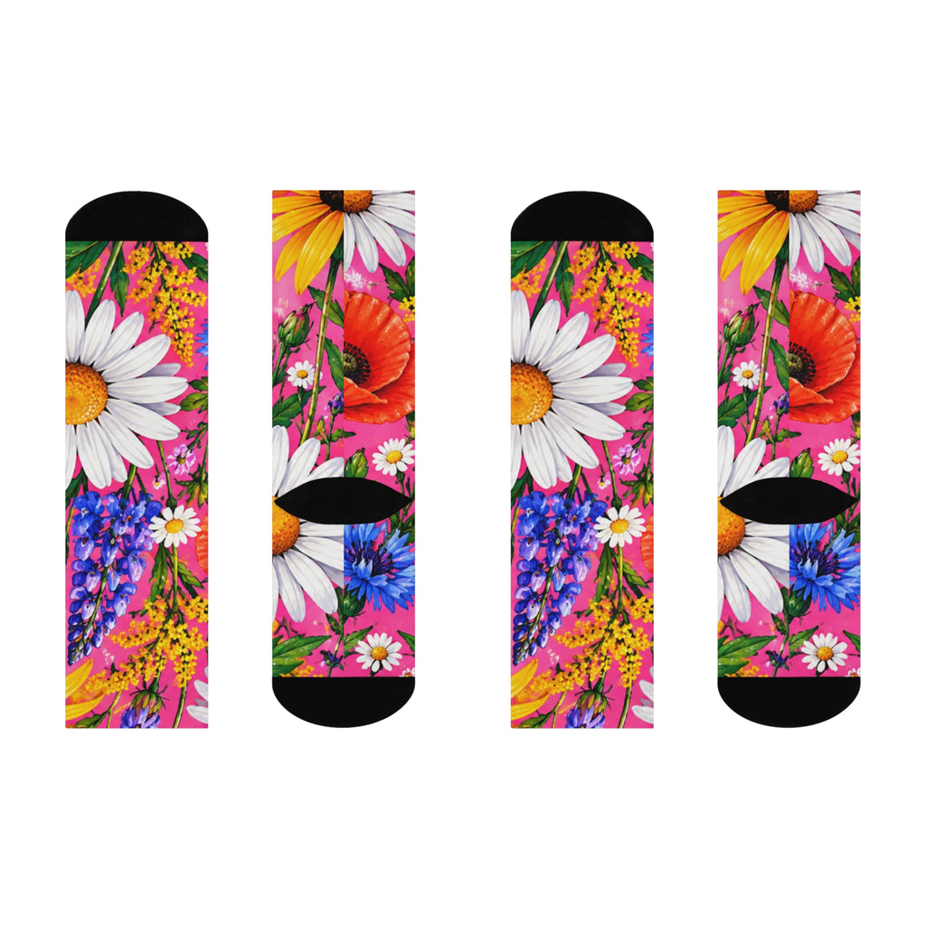 Floral Daisy & Lupine Cushioned Crew Socks — Bright Pink Garden Comfort