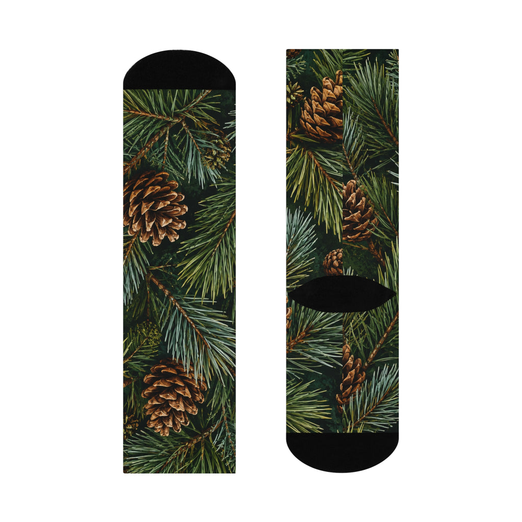 Pinecone & Evergreen Cushioned Crew Socks — Cozy Holiday Nature Print