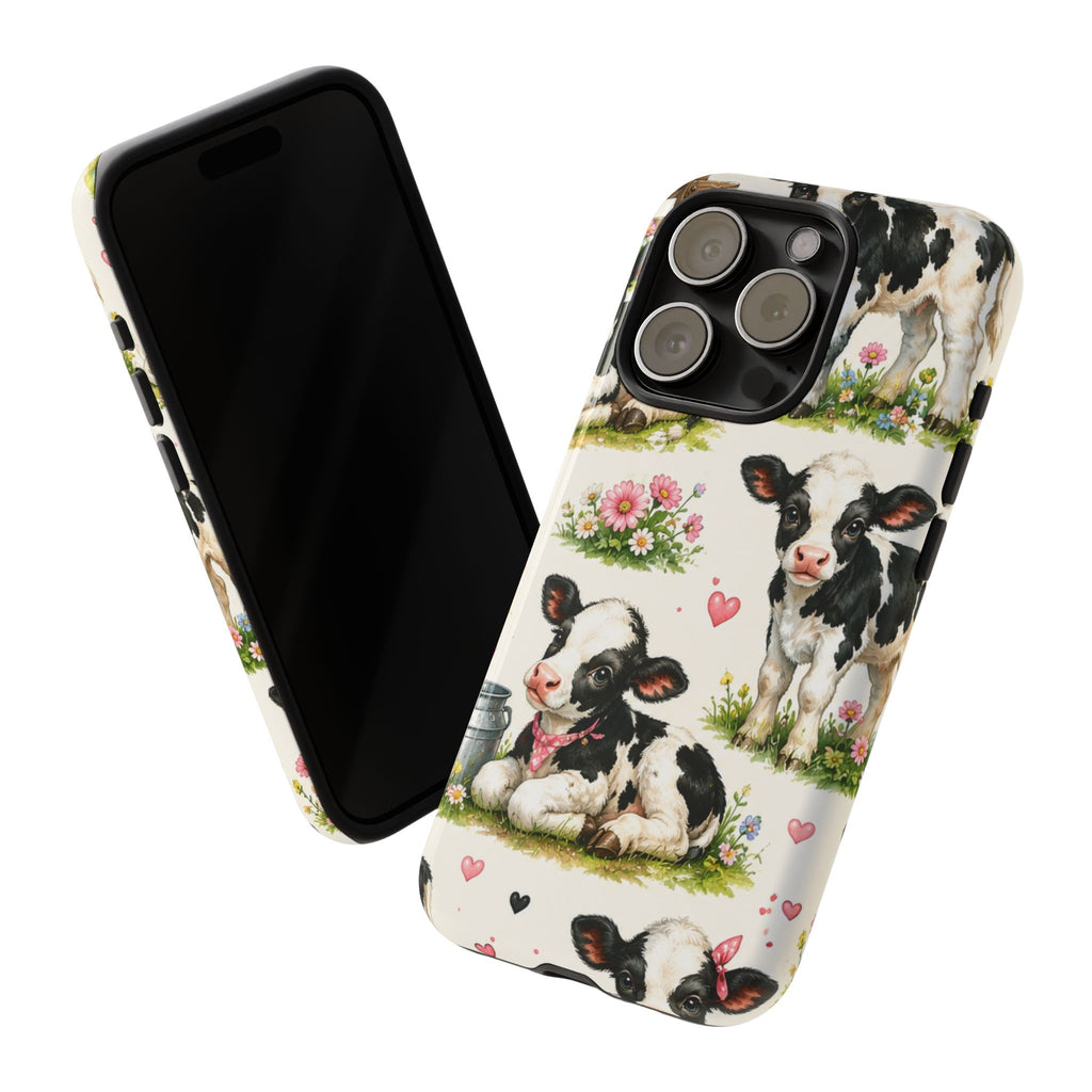 Cute Calf Pattern Phone Case – Pastel Cow Hearts & Flowers Protective Cover