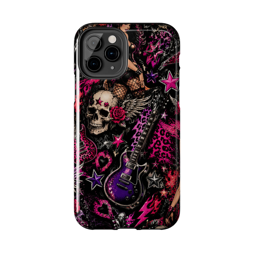Rock Skull Guitar Phone Case — Edgy Pink Skull & Roses Tough Phone Case