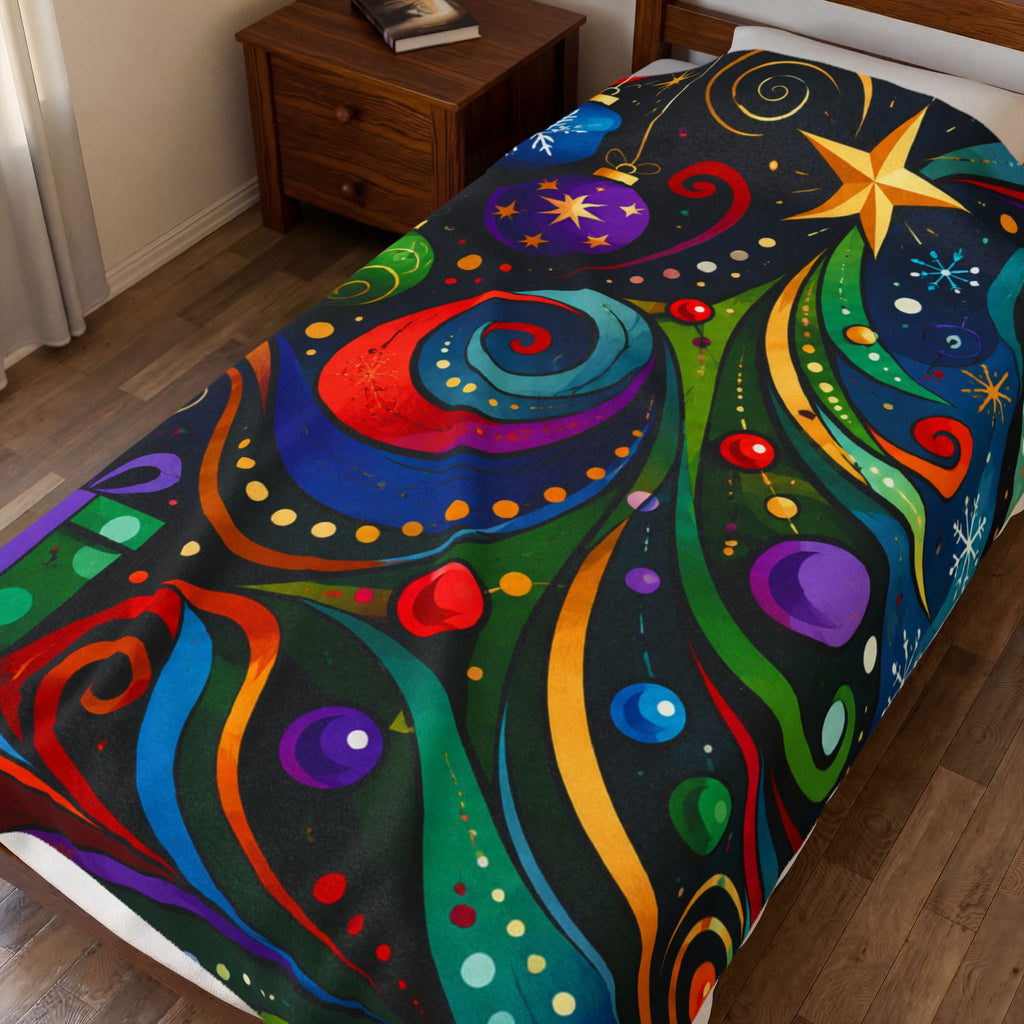 Colorful Swirl Christmas Tree Velveteen Plush Blanket | Holiday Ornaments