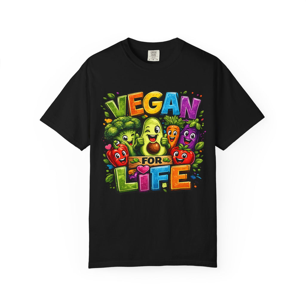 Vegan for Life T-Shirt | Colorful Cartoon Veggies Tee