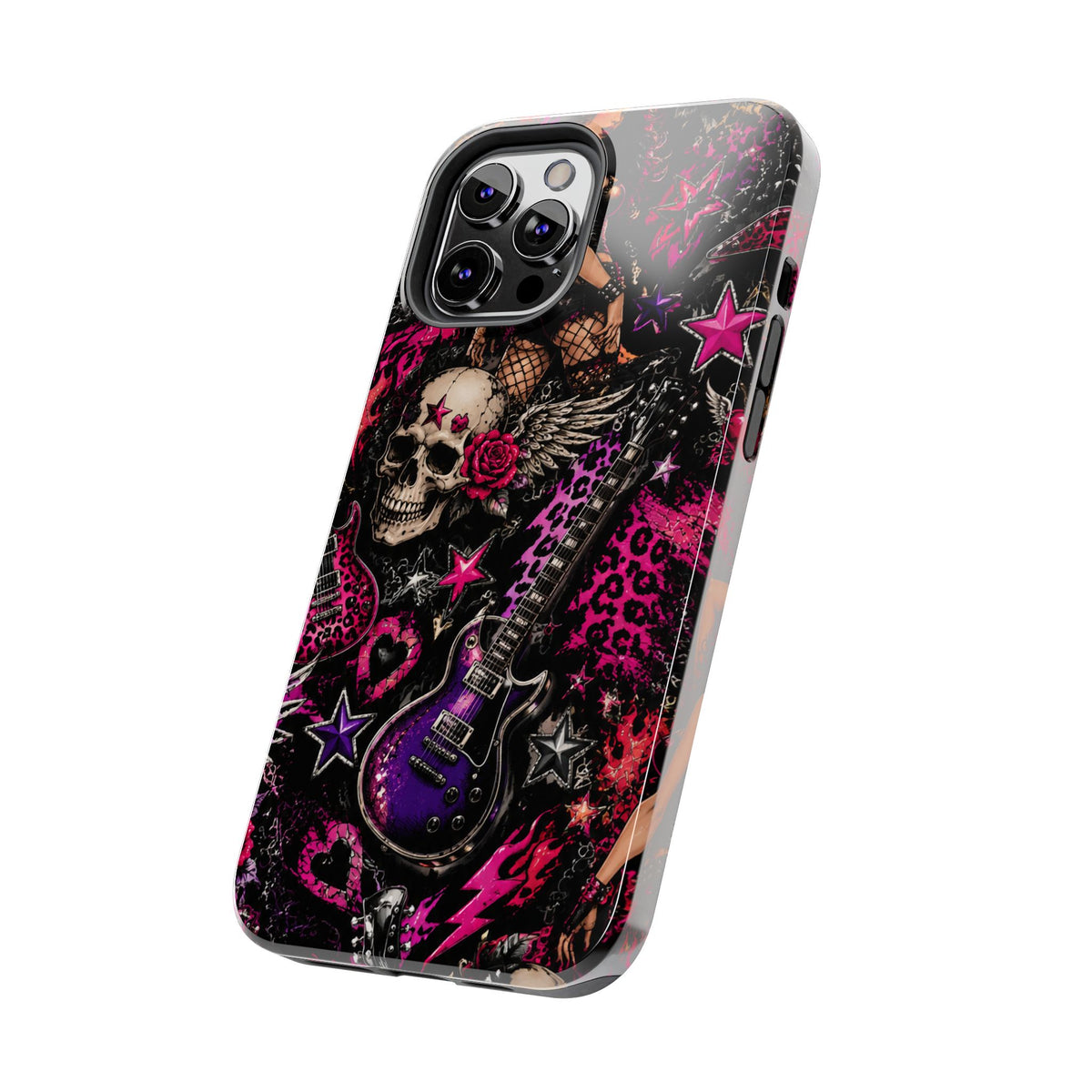 Rock Skull Guitar Phone Case — Edgy Pink Skull & Roses Tough Phone Case