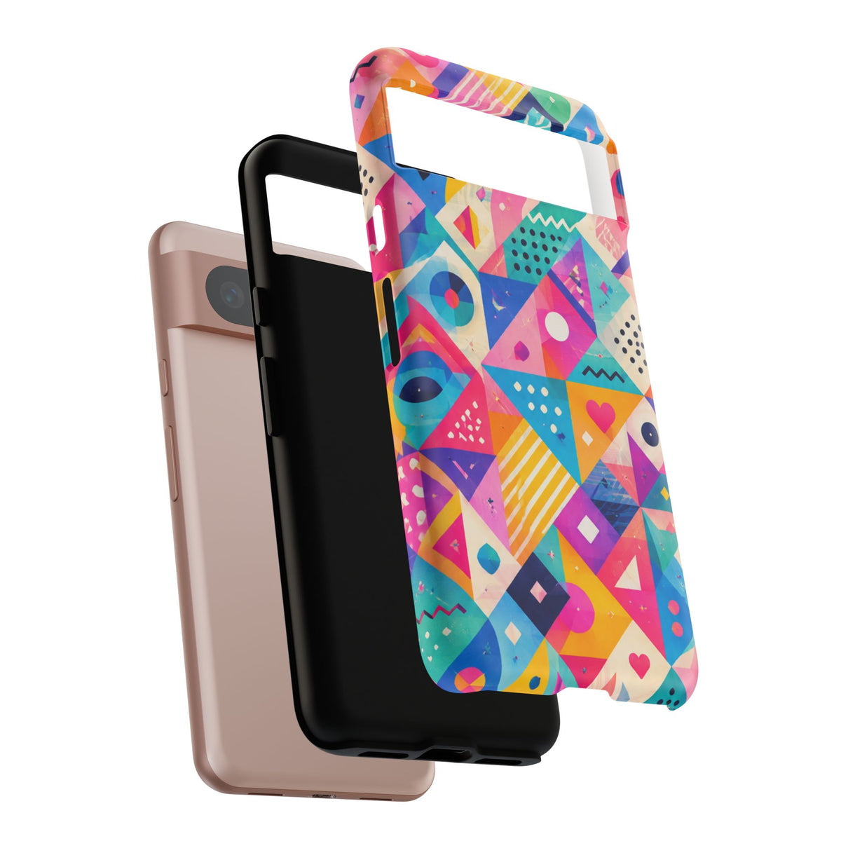 Colorful Geometric Tough Phone Case — Bright Abstract Heart & Triangle Pattern