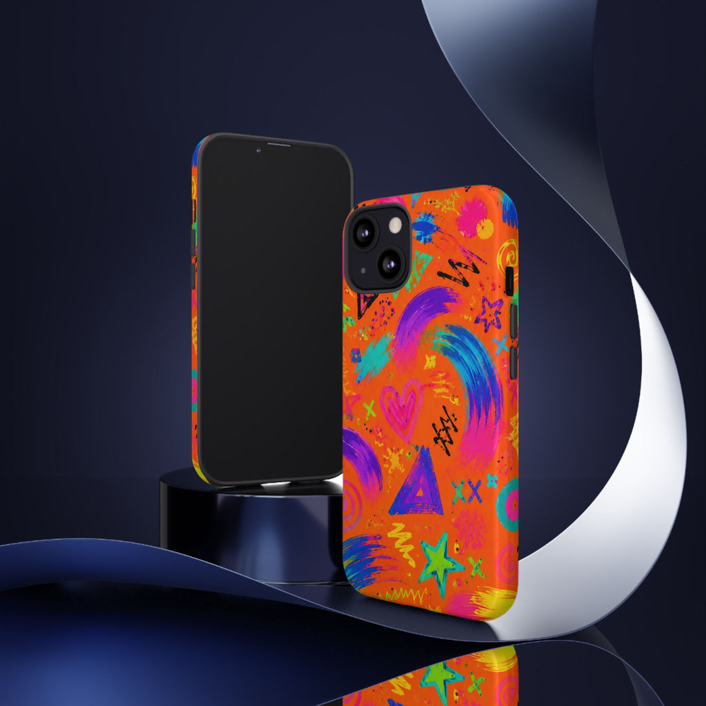 Colorful Neon Doodle Phone Case — Bright Abstract Stars & Hearts Tough Case