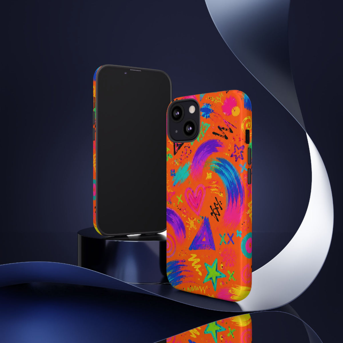 Colorful Neon Doodle Phone Case — Bright Abstract Stars & Hearts Tough Case