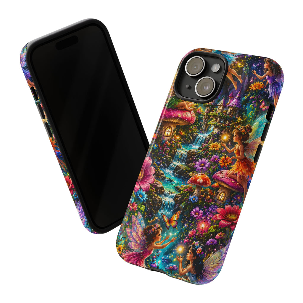 Fairy Garden Tough Phone Case — Whimsical Cottage, Waterfall & Mushroom Artwork