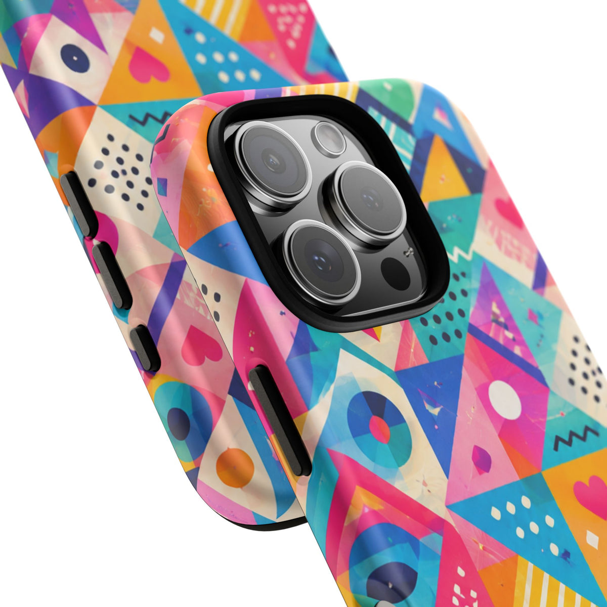 Colorful Geometric Tough Phone Case — Bright Abstract Heart & Triangle Pattern