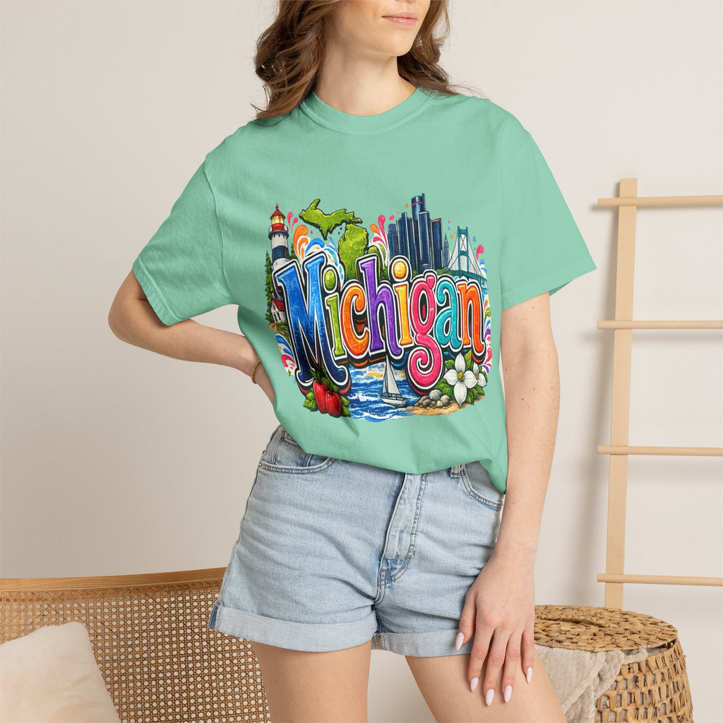 Michigan State Scene T-Shirt | Lighthouse, Skyline, Great Lakes