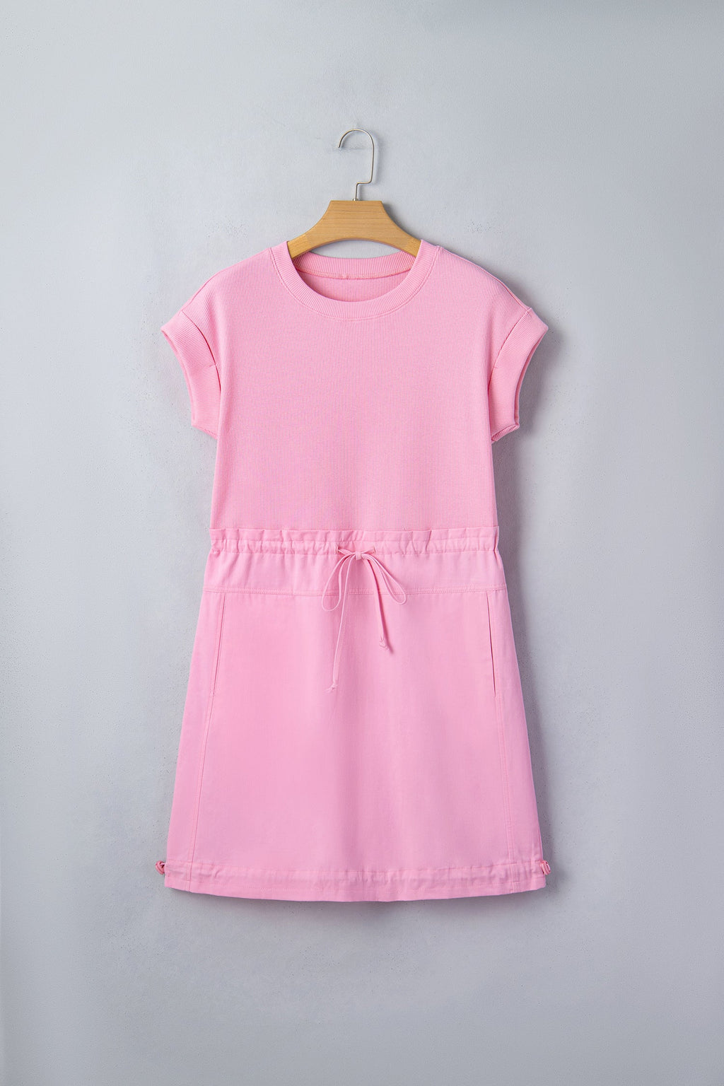 Solid Ribbed Knit Patchwork Drawstring Mini Dress