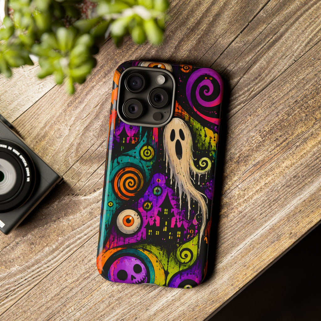 Halloween Ghost Phone Case — Colorful Spooky Skull & Haunted House Tough Case