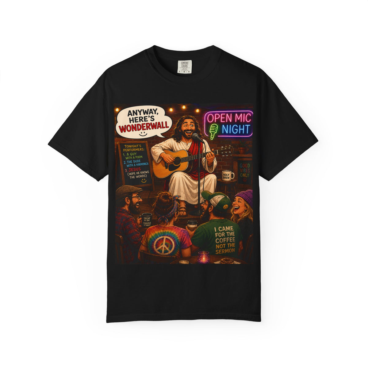 Jesus Open Mic Night T-Shirt | Acoustic Coffeehouse Illustration